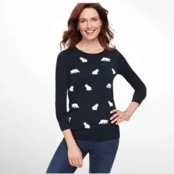 Talbots Navy Blue Crewneck Sweater Winter Polar Bears Pom Pom Hats Size XL - Picture 2 of 12
